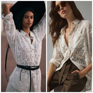 Pilcro For Anthropologie White Lace Button Down Tunic Size M Boho Festival NWOT